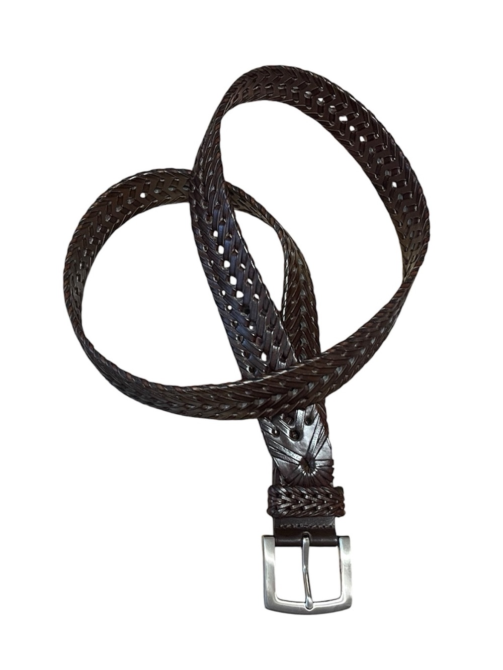 Braided Unisex Vegan Faux Leather Belt Silver Tone Buckle Brown Size XL 42-44